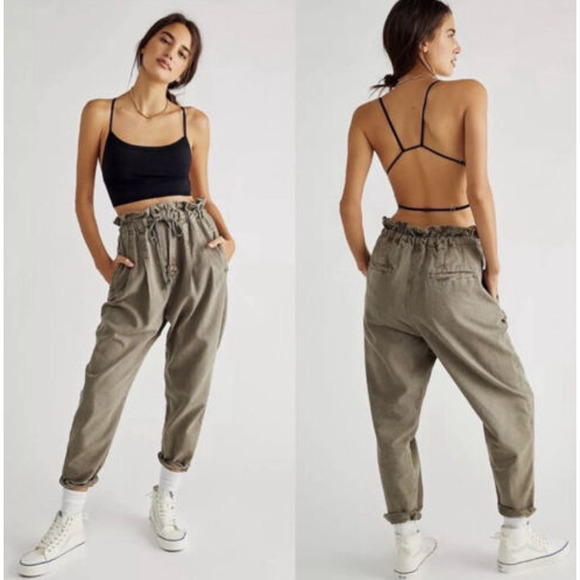 Free People Pants - Free People Margate Green Pleated Trouser Paperbag Tie Waist Pants Size XS
